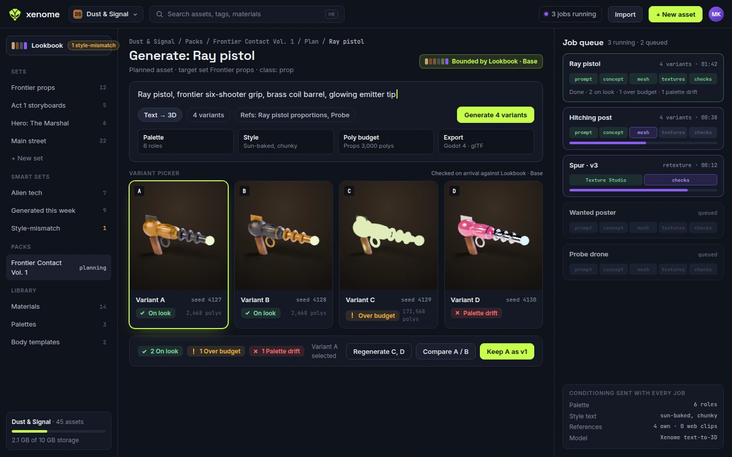 Design preview: ray-pistol variants compared against art direction and polygon budgets.